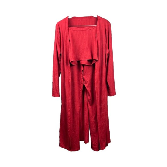 3pc Lounge Set Maroon Wide Pant Crop Top Open Front Cardigan SZ L NWOT Comfort - Picture 2 of 10